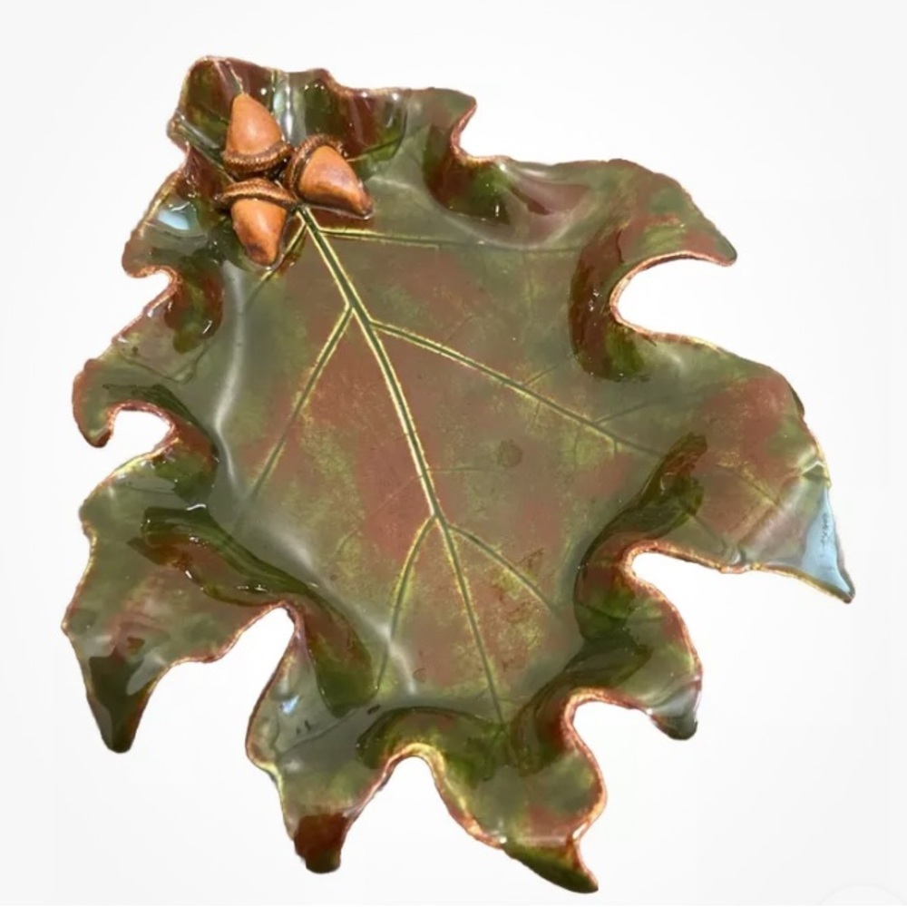 Pat Young Handmade Original Numbered Ceramic Vintage Oak Leaf Candy Dish Acorns